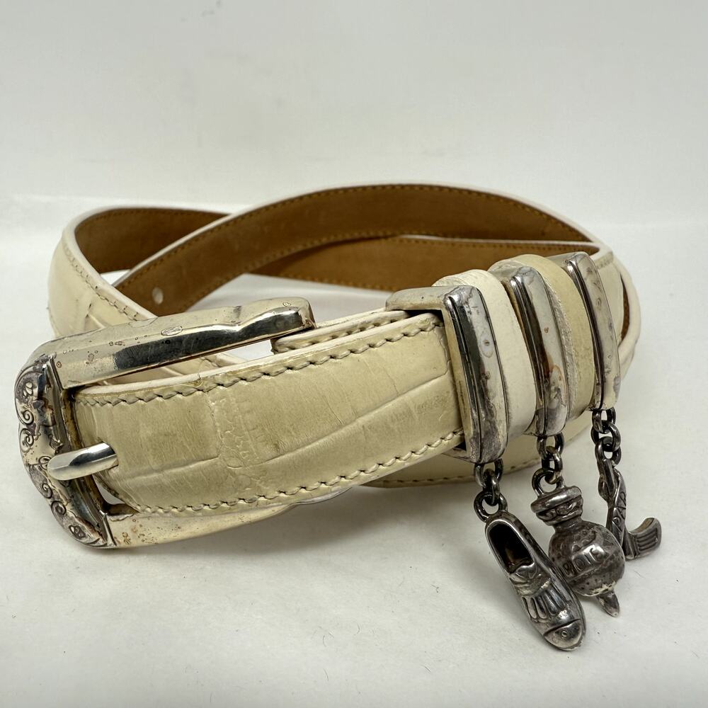 Brighton Ivory Leather Charm Belt M 30 Croc Embossed Western Boho Golf
